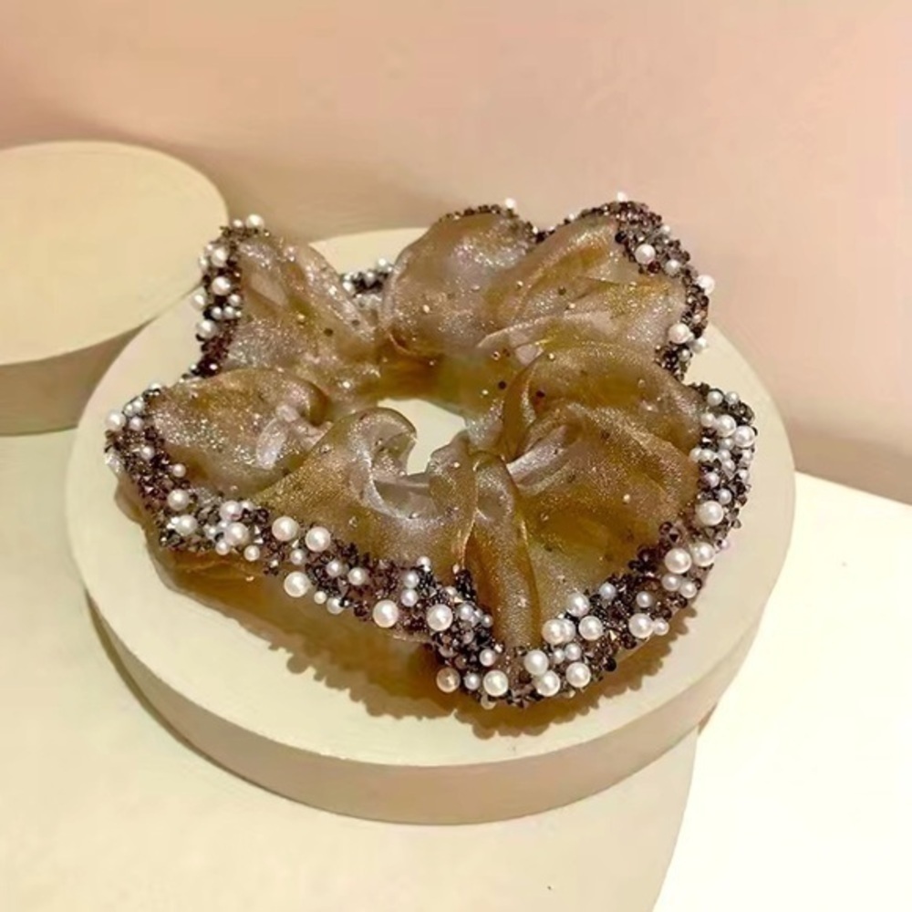 Pearl And Rhinestone Hair Scrunchie - Beige